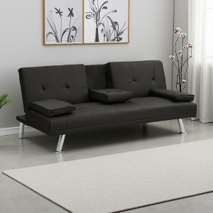 55" PVC Sofa Bed with Armrests, Wood Frame & Cup Holders - 1 of 4