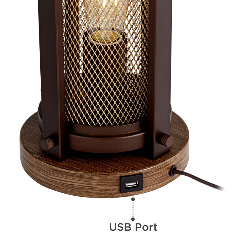 Franklin Iron Works Otto Rustic Farmhouse Table Lamp 28 1/2" Tall Bronze Brass Mesh with USB Charging Port LED Nightlight Beige Drum Shade for Bedroom, 5 of 10