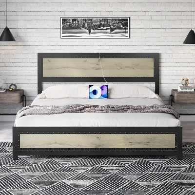 Homhougo Full Size Bed Frame with Headboard, Industrial Platform Bed Frame with Charge Station, No Box Spring Needed, Easy to Assemble, Gray