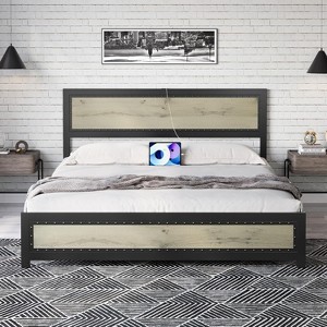 Homhougo Full Size Bed Frame with Headboard, Industrial Platform Bed Frame with Charge Station, No Box Spring Needed, Easy to Assemble, Gray - 1 of 4