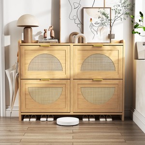 Rattan Shoe Storage Cabinet with 4 Flip Drawers, Free Standing Wooden Shoe Storage Organizer Cabinet - 1 of 4