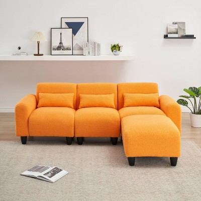 VYNXARIA The 84.6-inch orange teddy fleece creative sofa can be assembled into a two-seater sofa with a single couch with three waist pillows