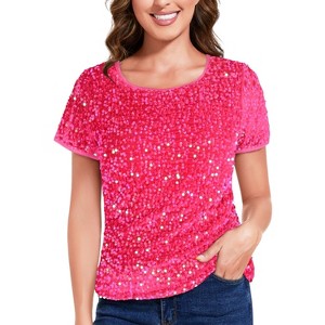 Anna-Kaci Women's Short Sleeve Crew Neck All-Over Sequin Embellished Top Stylish Sparkling Blouse - 1 of 4