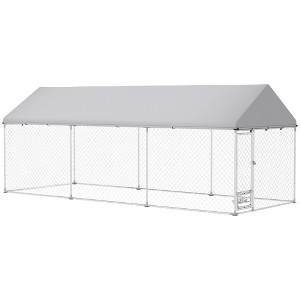 PawHut Outdoor Dog Kennel, Heavy Duty Dog Run with Adjustable & Rotatable Bowl Rack, Waterproof UV-Resistant Cover, Secure Lock - 1 of 4