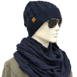 Wrapables Winter Warm Cable Knit Infinity Scarf and Beanie Set, Dark Blue - 1 of 4