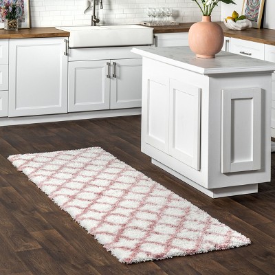 Baby Pink and White Synthetic Shag Trellis Runner Rug