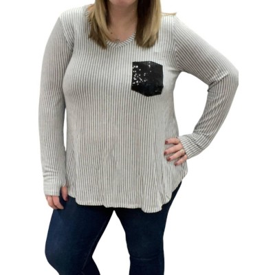 Women's Sequin Pocket V-Neck Long Sleeve Tee - honeyme