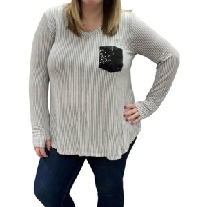 Women's Sequin Pocket V-Neck Long Sleeve Tee - honeyme - 1 of 3