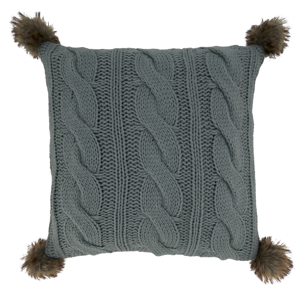 Photos - Pillow 18"x18" Poly-Filled Cable Knit Square Throw  with Pom-Poms Gray - Sa