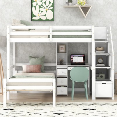 Modern Twin Over Twin Loft Bed With Desk Shelves Staircase Storage Drawers, Versatile High Loft Bed Frame With Safety Guardrails Ladder For Kids Teens