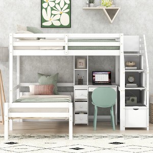 Modern Twin Over Twin Loft Bed With Desk Shelves Staircase Storage Drawers, Versatile High Loft Bed Frame With Safety Guardrails Ladder For Kids Teens - 1 of 4