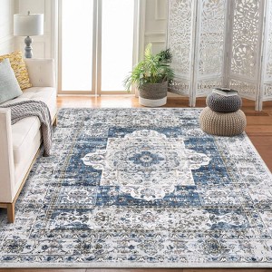 Washable Vintage Area Rug Medallion Distressed Rug Living Room Non-Slip Low Pile Bedroom Kitchen Home Office Carpet - 1 of 4