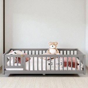 Mshliw Twin/Full/Queen Kids Floor Bed with Safety Guardrails & Door,Montessori Style Wooden Low Profile Platform Bed Frame for Toddlers, Kids Bedroom - 1 of 4