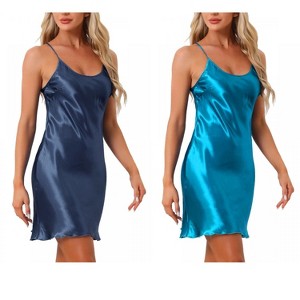 INSPIRE CHIC Women's 2 Pcs Satin Racerback Loungewear Adjustable Spaghetti Strap Pajama Nightgown - 1 of 4