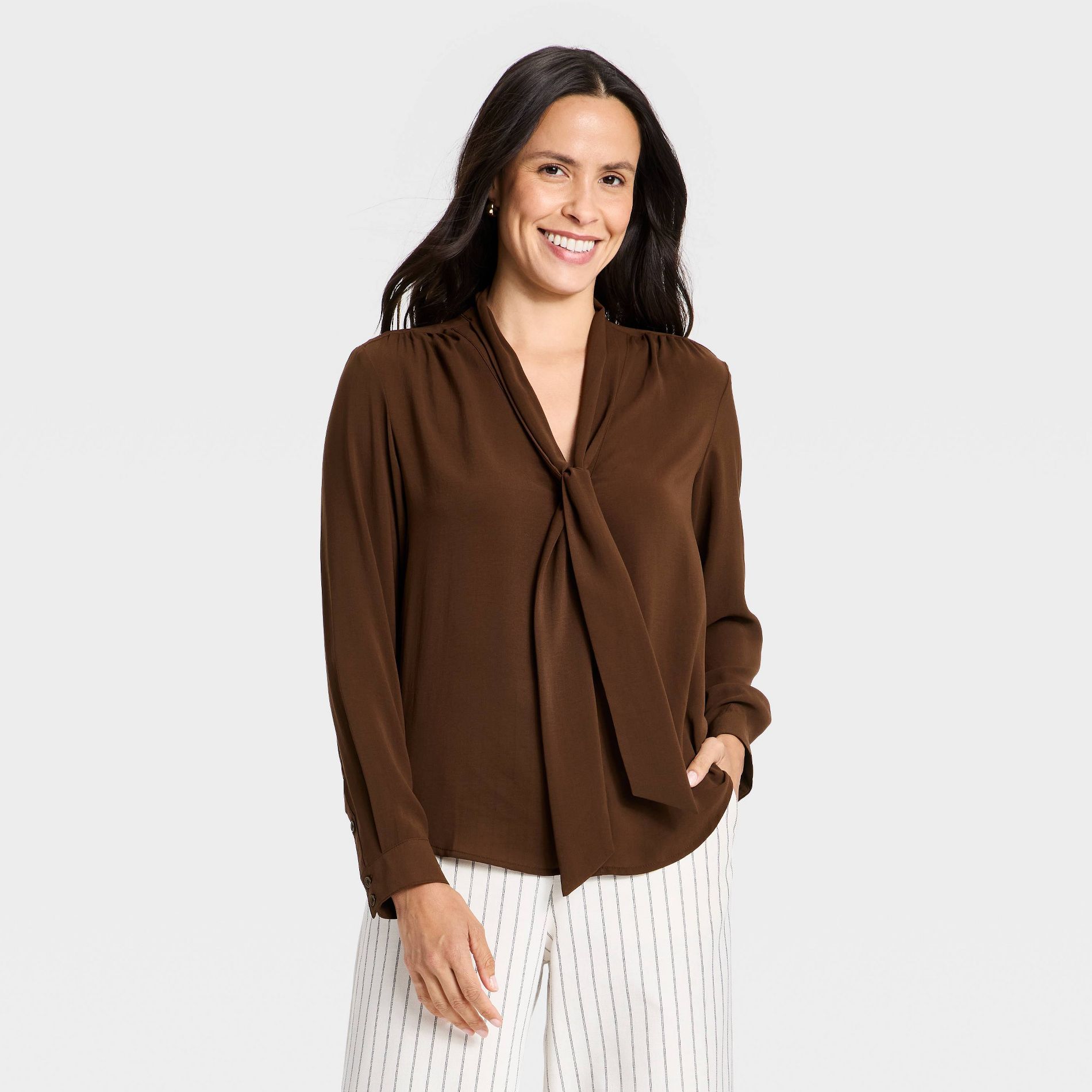 Women's Long Sleeve V-Neck Scarf Top - A New Day™