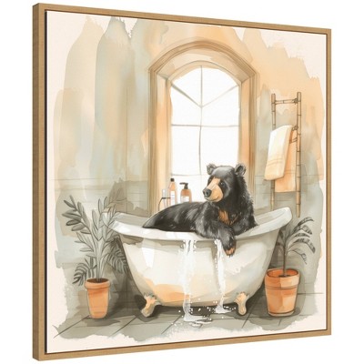 Kate & Laurel All Things Decor 30"x30" Sylvie Black Bear Bathroom Watercolor Framed Canvas by The Creative Bunch Studio Natural