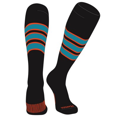 PEAR SOX Striped OTC Baseball, Softball, Football Socks (C) Black, Orange, Marlin Teal (M)