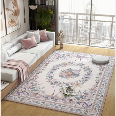 Small Butterfly Print Washable Area Rug, Low Pile Non-Slip Polyester Mat for Bedroom & Living Room
