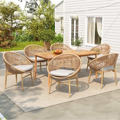 7 Piece Outdoor Dining Set with Acacia Wood Table,Wicker Dining Chair Set with Cushions for Garden,UV Resistant Patio Dining Set-Cuddlewood