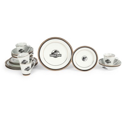 Robe Factory LLC Jurassic Park Logo 16-Piece Ceramic Dinnerware Set Replica | Plates, Bowls, Mugs