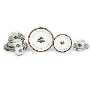 Ukonic Jurassic Park Logo 16-Piece Ceramic Dinnerware Set Replica | Plates, Bowls, Mugs - 1 of 4