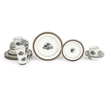 Ukonic Jurassic Park Logo 16-Piece Ceramic Dinnerware Set Replica | Plates, Bowls, Mugs
