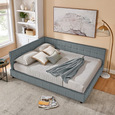 Queen Size Upholstered Daybed Sofa Bed Frame Velvet Tufted Mid-Century Style with Backrest and Armrest for Bedroom or Living Room-LAOTIES