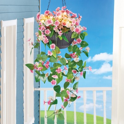 Pink Cascading Artificial Floral Hanging Basket with Lights