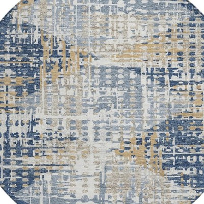HomeRoots 8' Navy Blue And Beige Round Geometric Washable Indoor Outdoor Area Rug
