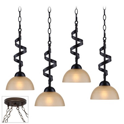 Franklin Iron Works Bronze Ribbon Spiral Mini Swag Pendant Chandelier Rustic Amber Glass 4-Light Fixture for Dining Room Kitchen