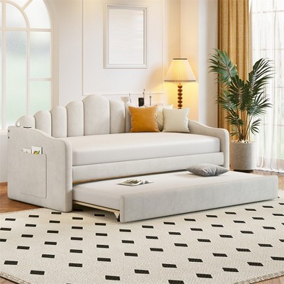Twin Size Upholstered Daybed With Trundle, Velvet Day Bed With USB Charging Ports, No Box Spring Needed