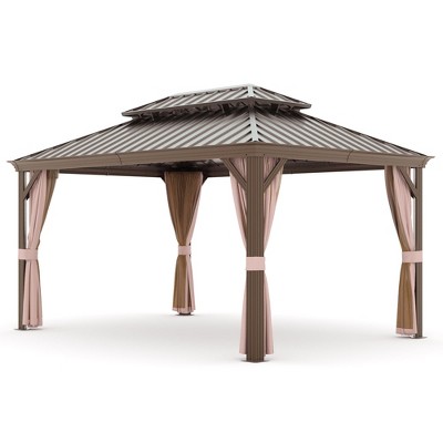 COWLOWN 12x14 Aluminum Hardtop Gazebo with Iron Roof, Mosquito Netting & Privacy Curtains, Weather-Resistant Outdoor Pavilion for Backyard & Patio