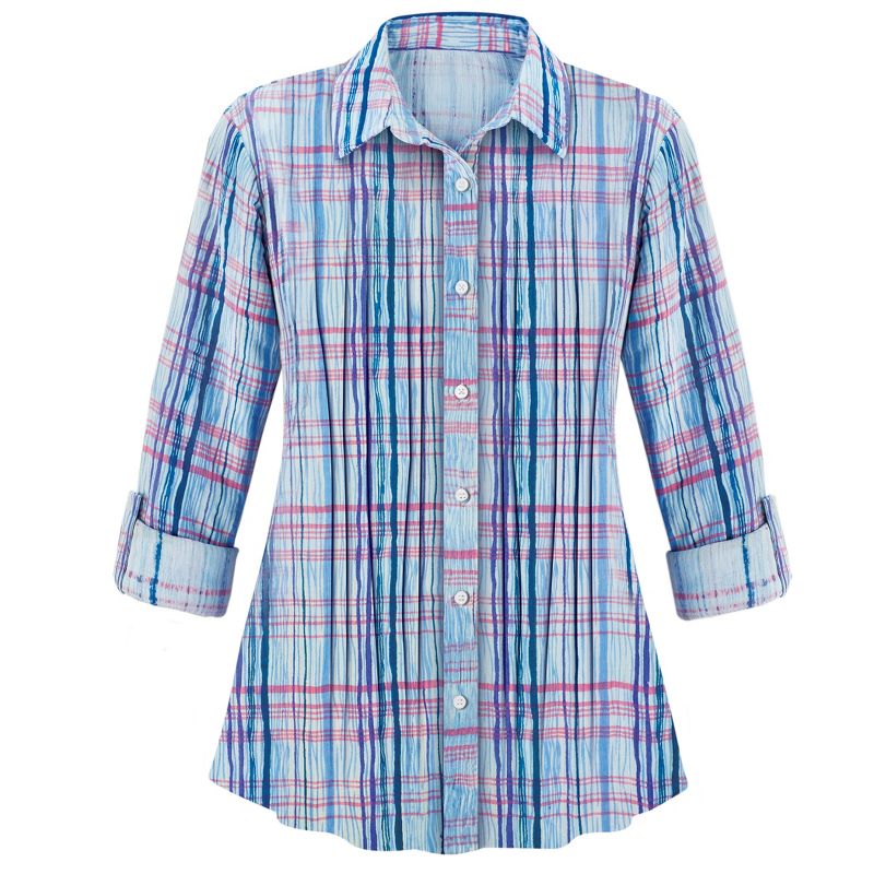 Collections Etc Plaid Pintuck Button-Front Cotton Shirt with Roll Tab Sleeves, 3 of 6