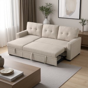 Linen L-Shaped Sectional Sofa with Tufted Cushions & Pull-Out Sleeper - 1 of 4