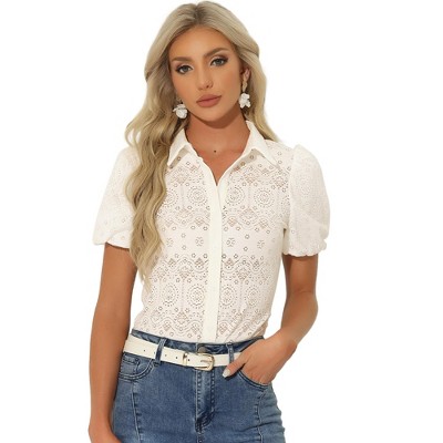 INSPIRE CHIC Women's Boho Short Sleeve Button Down Lace Eyelet Shirt