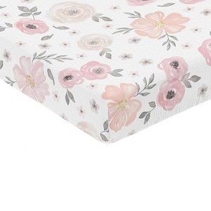 Sweet Jojo Designs Baby Girl Fitted 100% Cotton Muslin Crib Sheet Watercolor Floral Pink Grey and White - 1 of 4