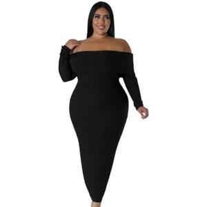 Slickblue Women's Plus Size Off-Shoulder Stretch Dress - Long Sleeve Bodycon in Bold Color and Size Options - 1 of 4