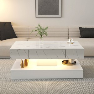 Kumasinova 16.9" Chic 2-Tier LED Coffee Table with Drawer,Modern Stone Grain Center Table for Living Room,PB&MDF Cocktail Table with RGB Lights - 1 of 4