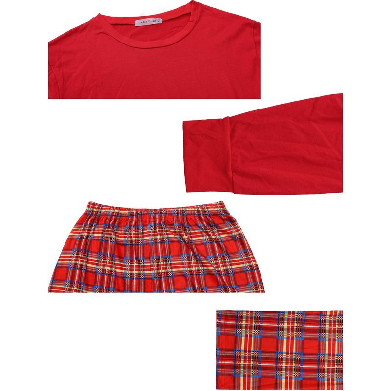 cheibear Christmas Long Sleeve Solid Tops Tee with Plaid Pants Family Pajama Sets Red, 4 of 5
