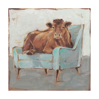 14'' x 14'' Brown Cow on Teal Chair Canvas Print