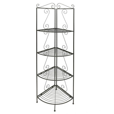 71" 4 Tier Metal Foldable Corner Bookcase with Decorative Scrolled Details Black - Benzara