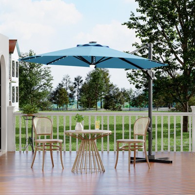 10FT Cantilever Umbrella w/ Solar Lights, 360° Rotation & Tilt, Easy Crank, UV Protection for Pool, Deck, Backyard