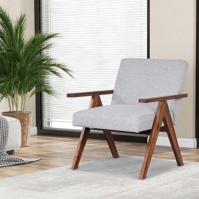 Gray Linen Upholstered Barrel Accent Chair Set with Wood Frame