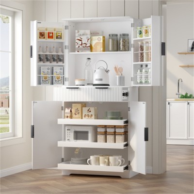LunaLulinlk 72" Fluted Kitchen Pantry Cabinet with 3 Keyboard Drawers & 6 Door Shelves Adjustable, White