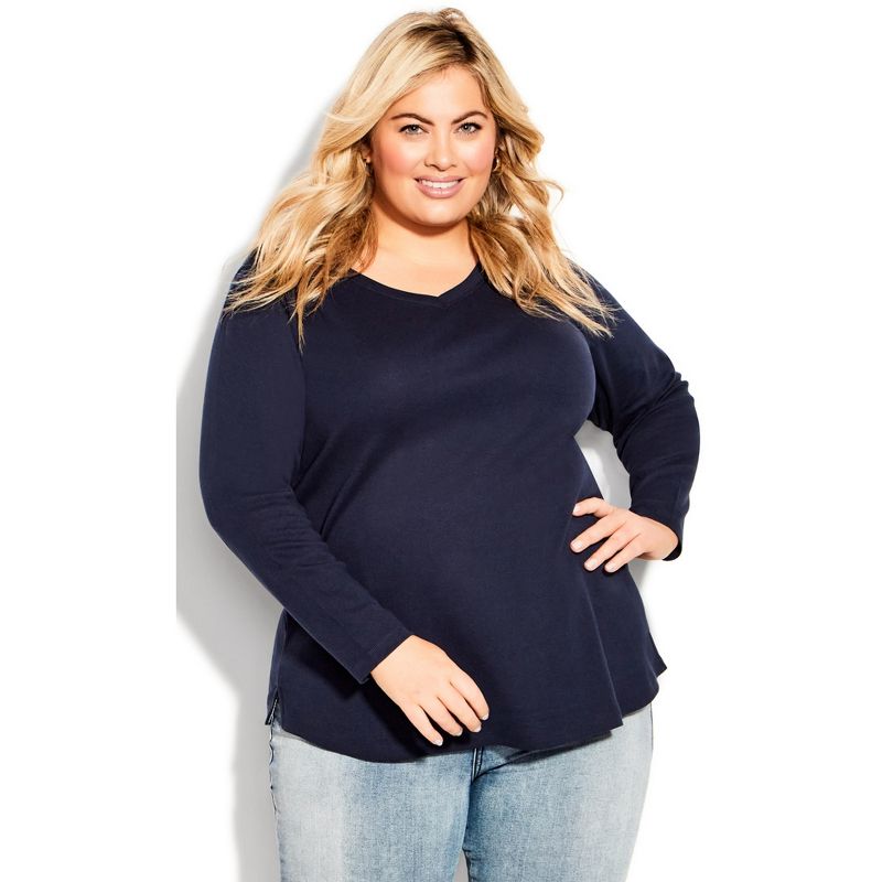 Women's Plus Size V Neck Essential 3/4 Sleeve Tee - navy | AVENUE, 1 of 4