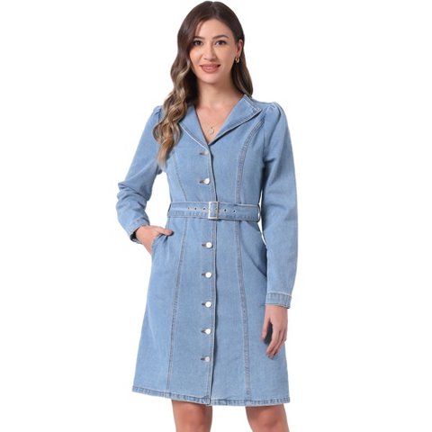 Женские платья INSPIRE CHIC Women's Winter Long Sleeve Vintage Button Down Denim Shirt Dresses with Belt Light Blue X-Large