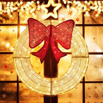 Costway 48 Inch Pre-Lit Christmas Wreath with 200 LED Lights Red Bow Hanging Hooks