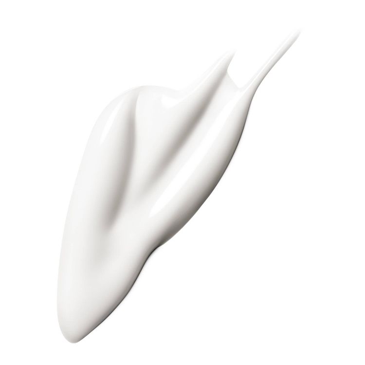 A smooth, white colored moisturizer swatch with a glossy texture.