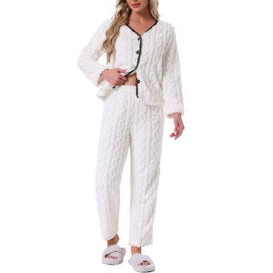 INSPIRE CHIC Womens Flannel Pajama Set Long Sleeve Button Down V Neck Fuzzy Fleece Pants Plush Loungewear - 1 of 4