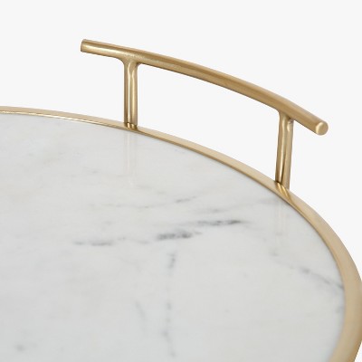 White Marble and Gold Round Metal Tray with Handles